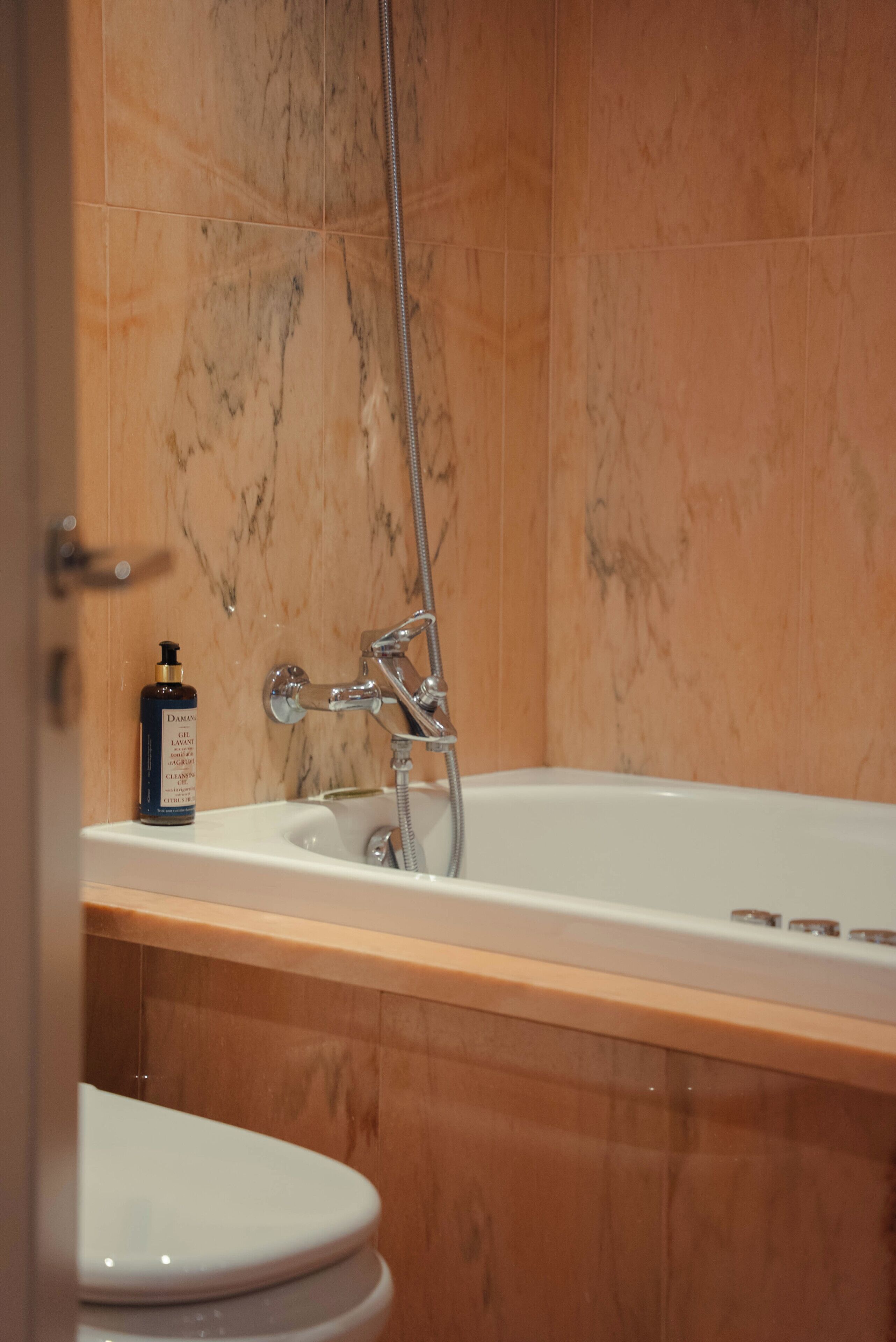 Un baño con bañera, ducha e inodoro.