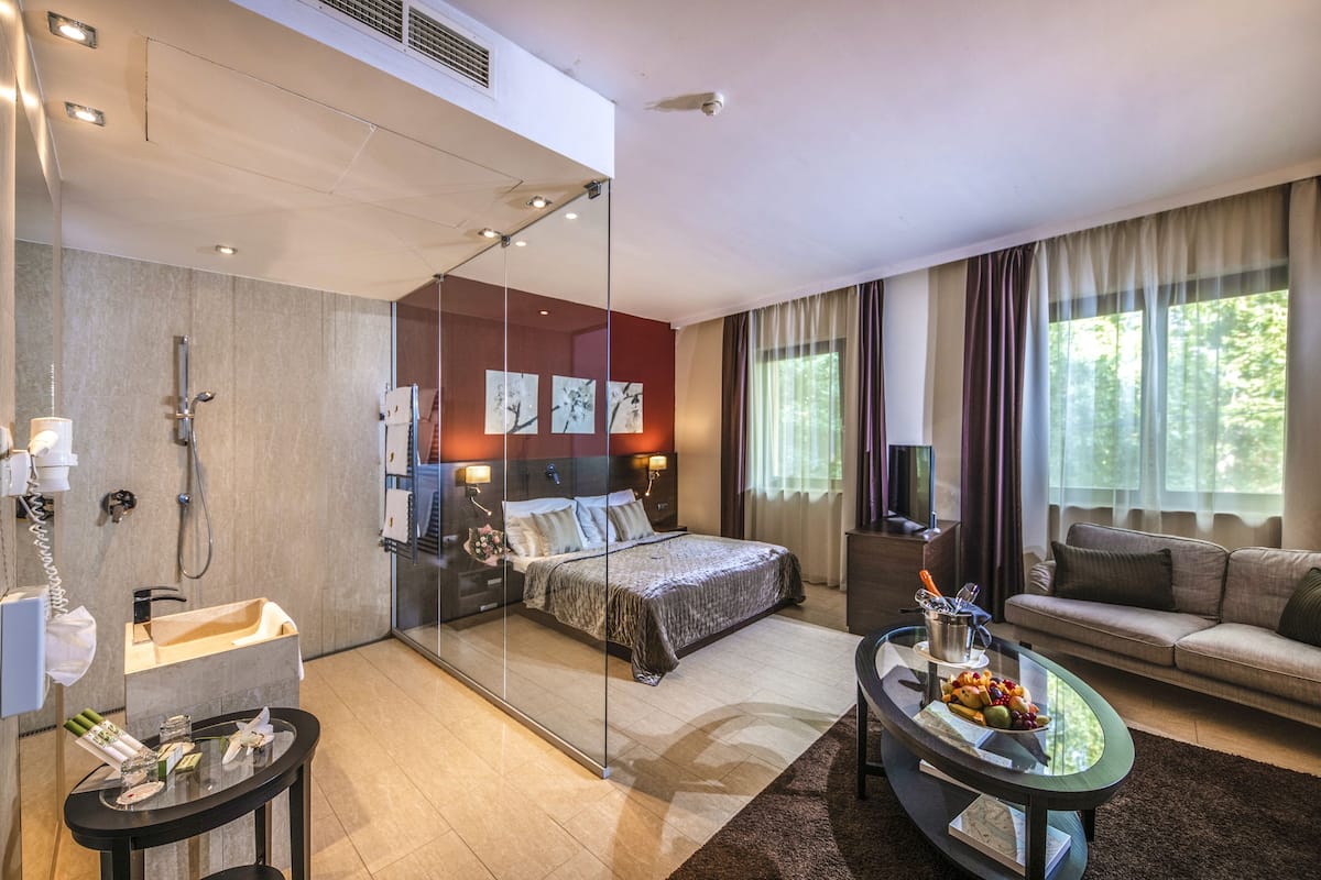 A modern hotel room with a glass-enclosed shower, a bed with a dark patterned bedspread, a glass coffee table with fruit, a sofa, and a large window with curtains.