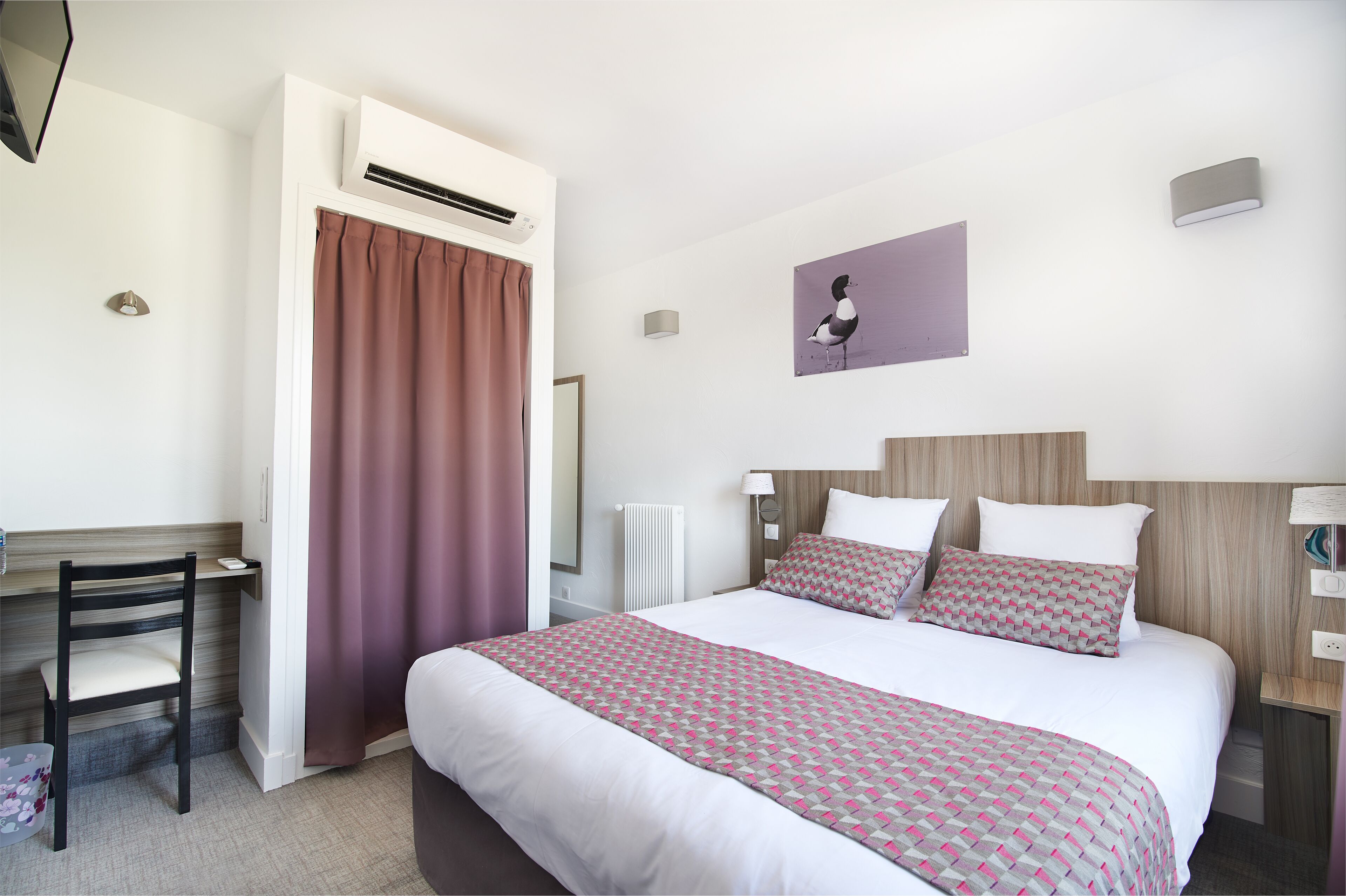 premium bedding, desk, blackout curtains, free wifi