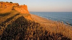 A coastal landscape with a sandy beach and a cliff. - Quinta do Mel (Albufeira)