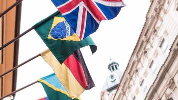 A row of flags on a pole, including the UK, South Africa, and the USA, with a historic building in the background.