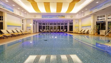 Indoor pool, outdoor pool, open 7:00 AM to 8:00 PM, pool umbrellas