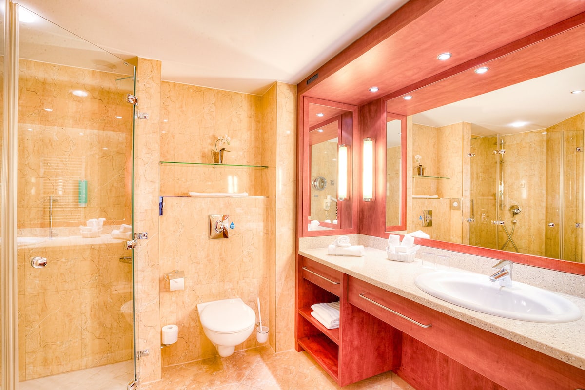 free toiletries, hair dryer, bathrobes, towels