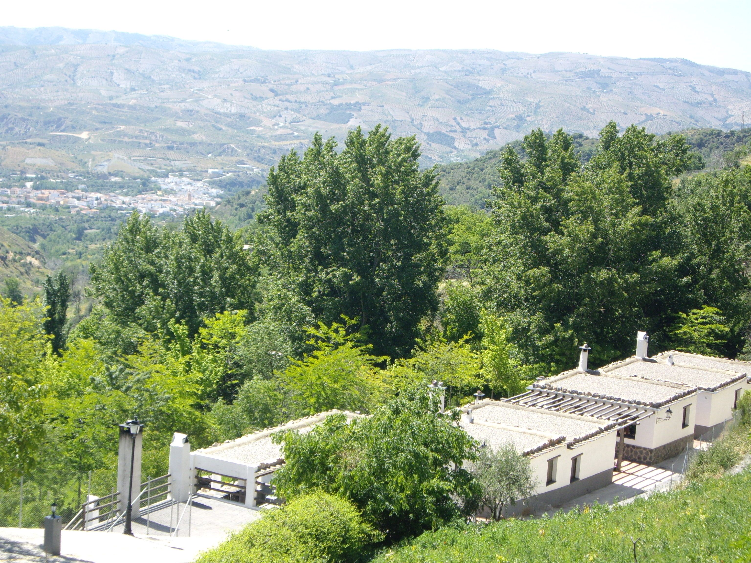 A building with a tiled roof, surrounded by dense greenery and hills in the background.