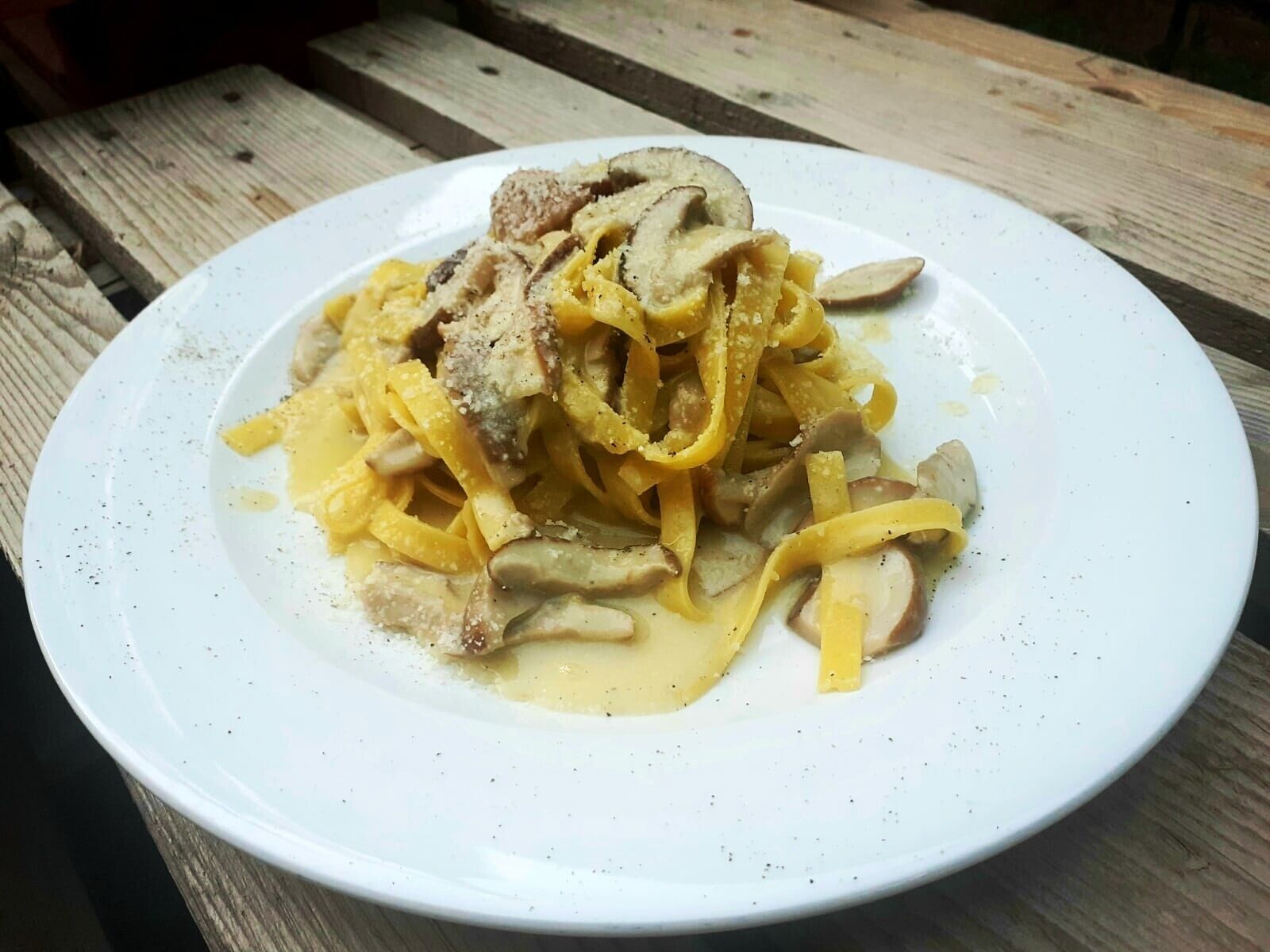 A plate of pasta with mushrooms and a slice of meat on a white plate.