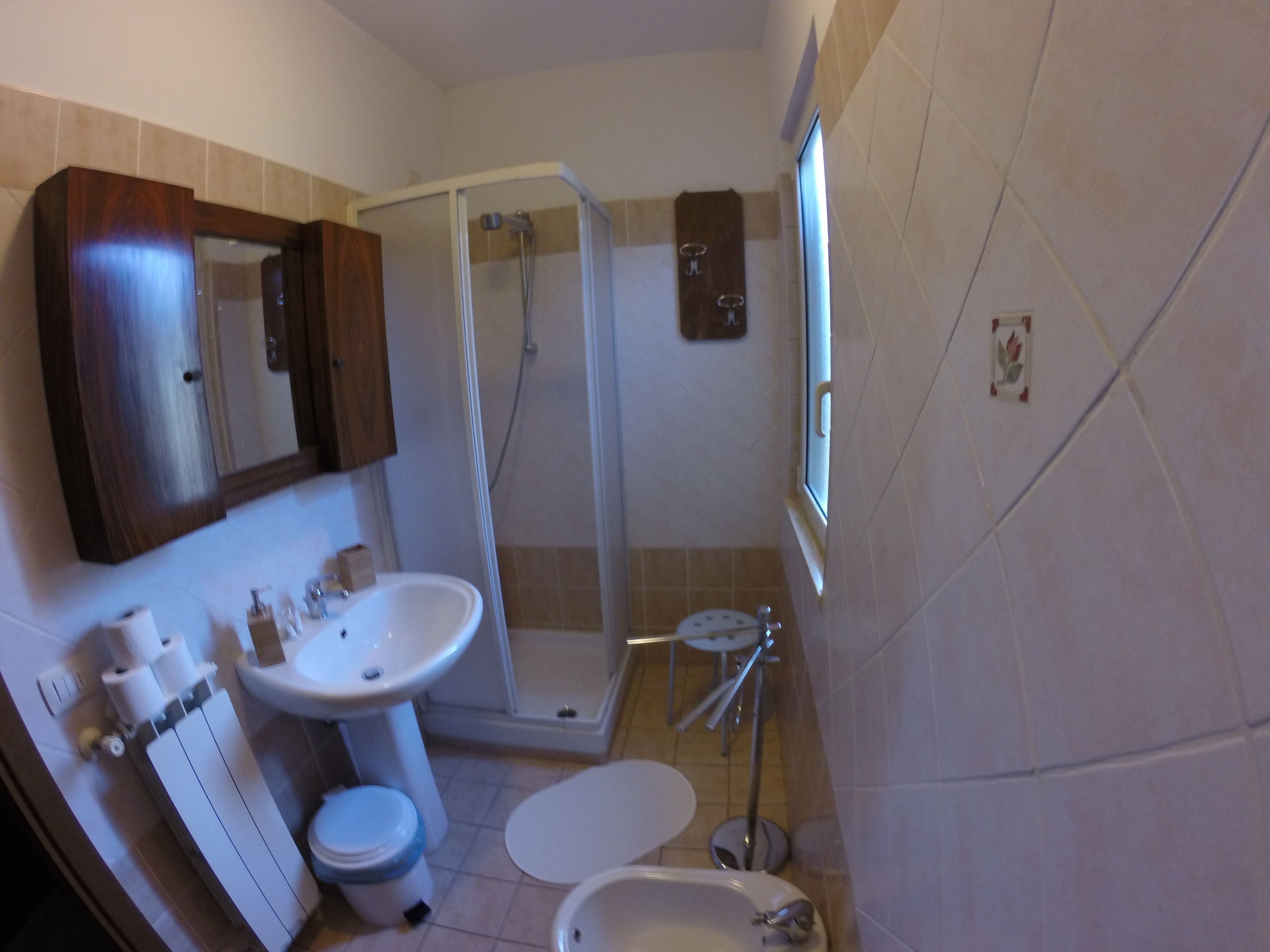 Une salle de bain équipée d’une douche, d’un lavabo, de toilettes et d’un miroir.