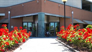 A building entrance with a brick facade, large windows, and a bicycle parked in front.