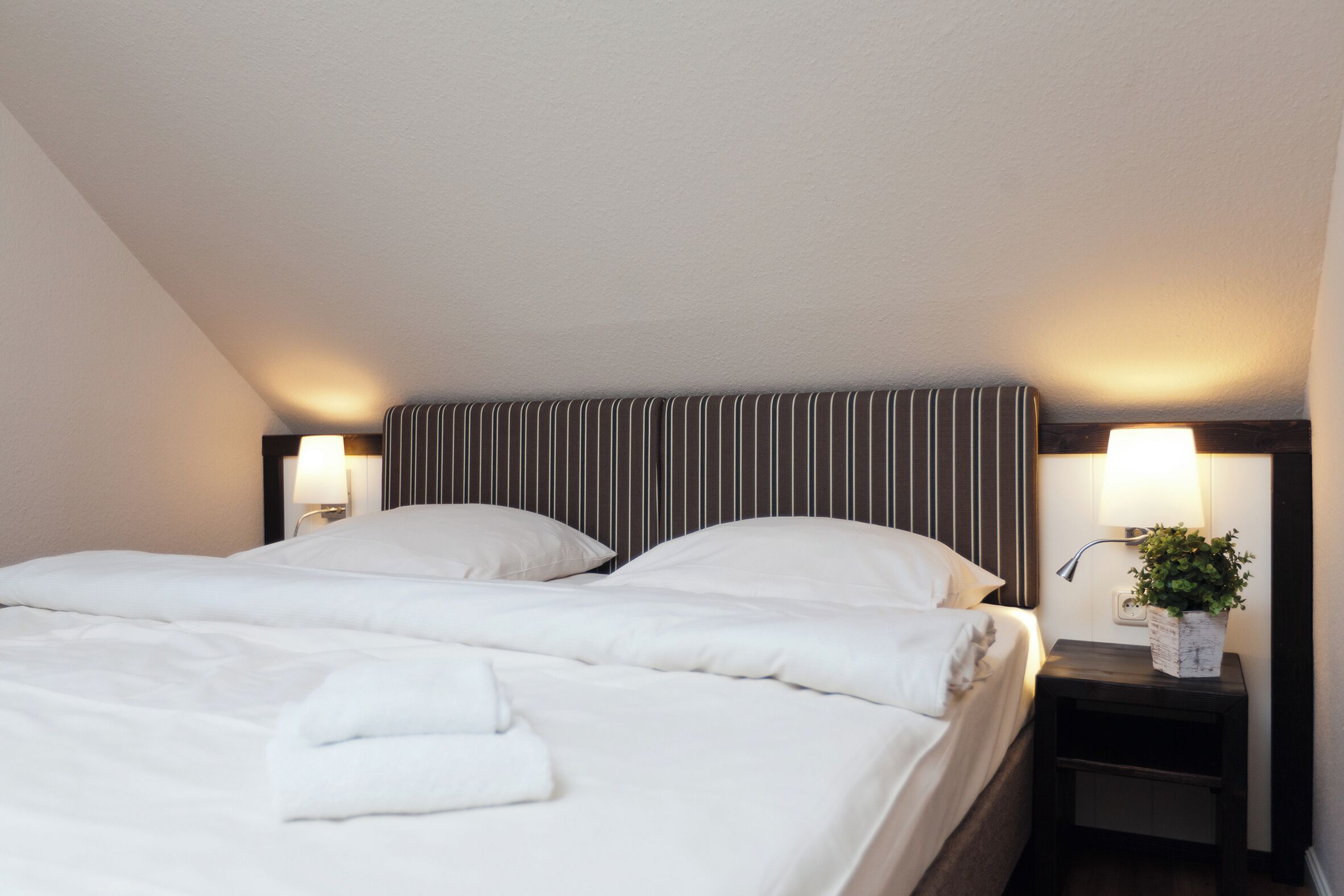 Een net opgemaakt bed met witte lakens, twee bedlampjes en een kleine plant in een potje op het nachtkastje.