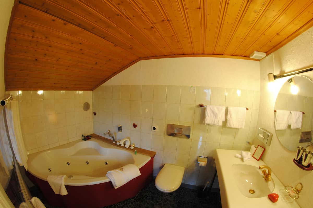 standard double room, jetted tub, mountain view | bathroom | hair dryer, bathrobes, towels