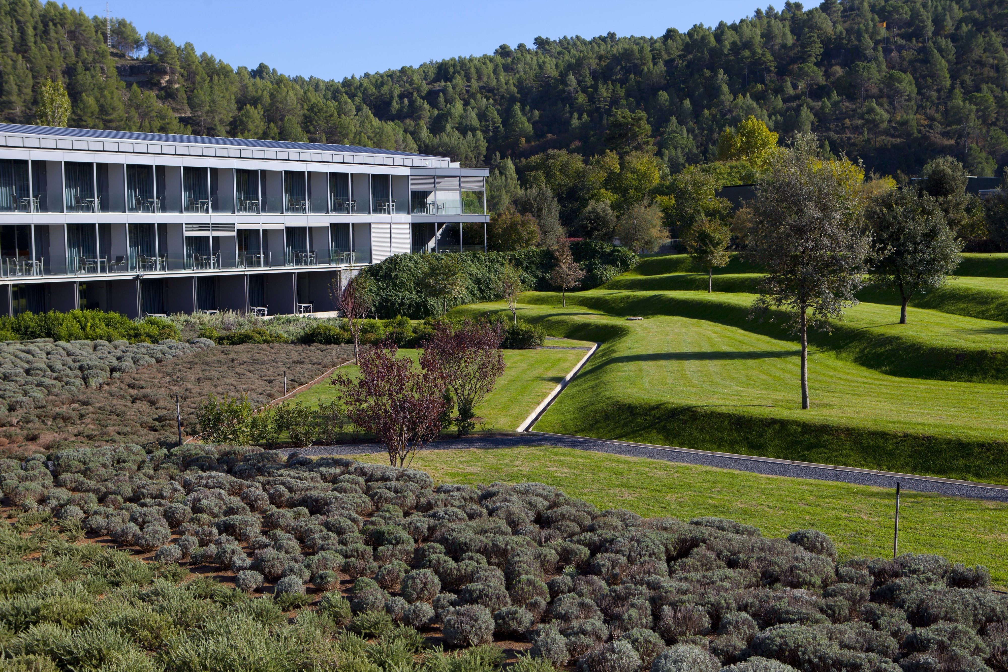 A modern building with multiple balconies and a well-maintained lawn with trees and shrubs.