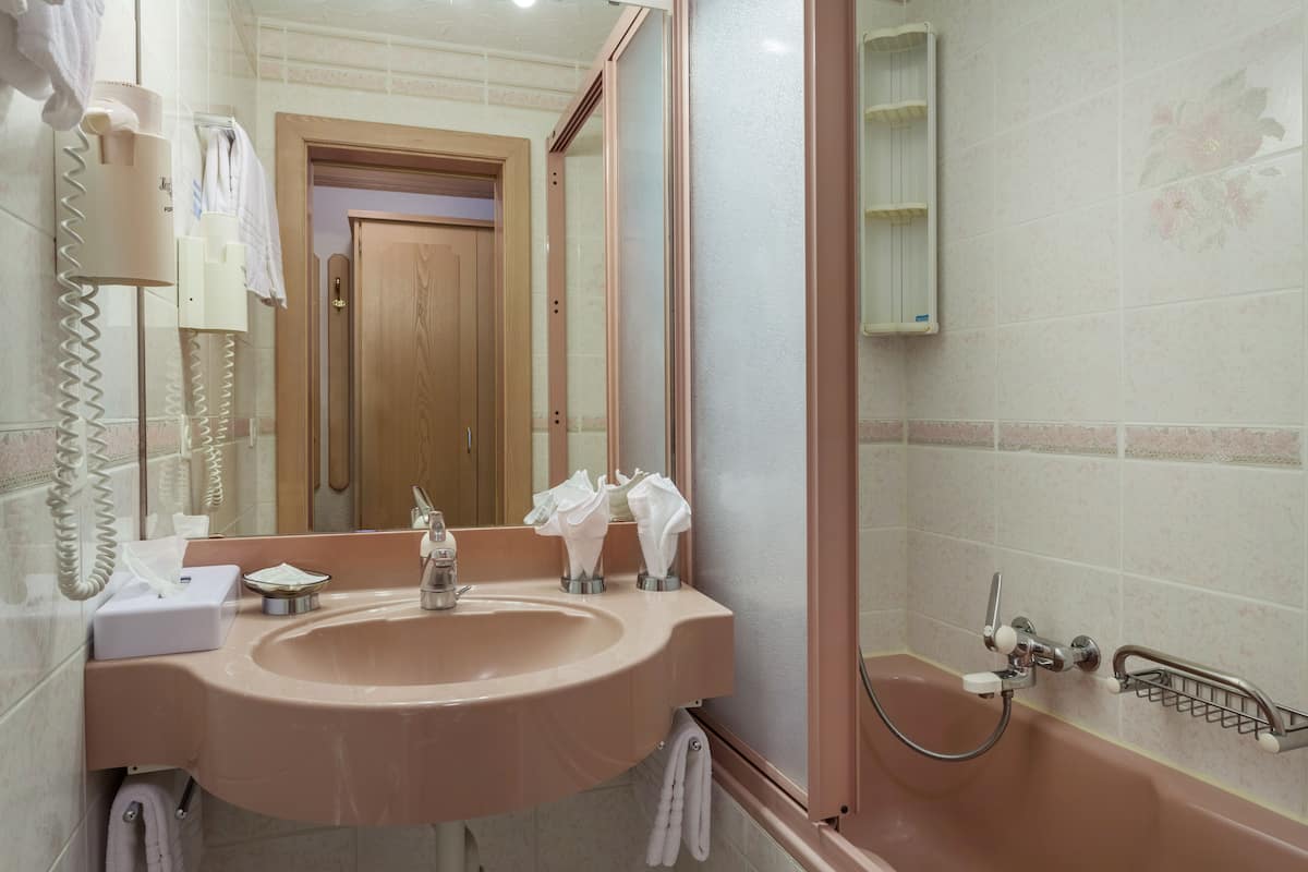 combined shower/bathtub, hair dryer, towels