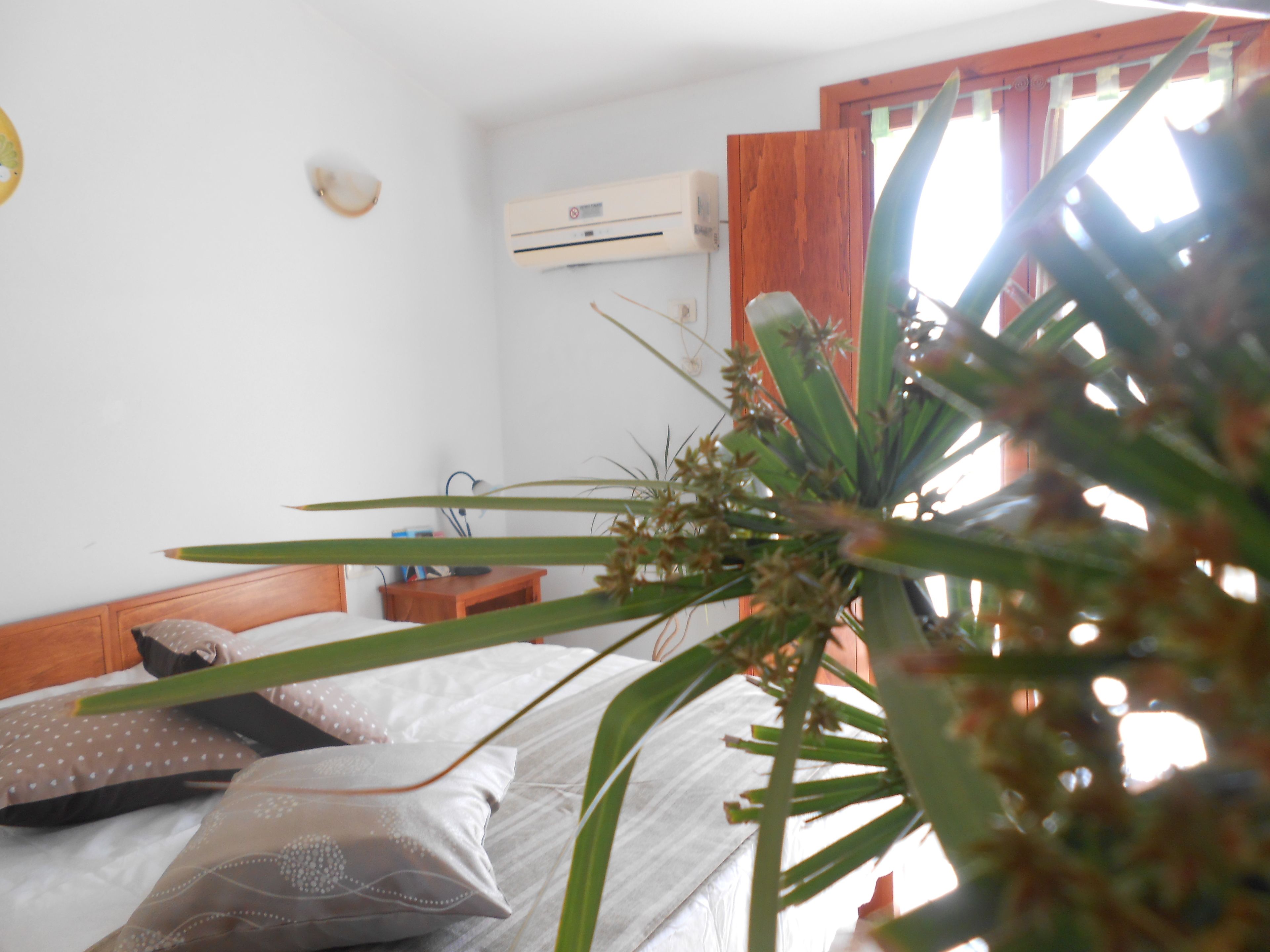 Ein Schlafzimmer mit einem Bett, Kissen, einem Holz-Kopfteil, einer Klimaanlage und einem Fenster mit Vorhängen.