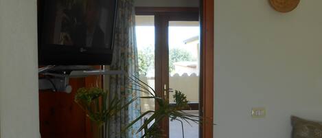 Habitació amb un llit, televisió penjada a la paret, una planta en test i una porta que dona a l'exterior.