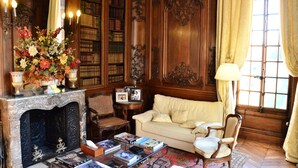 Una biblioteca con estanterías, chimenea, sofá y una mesa de centro con libros.
