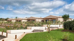Une rangée de villas aux toits de pierre, avec un chemin central et une végétation luxuriante tout autour.