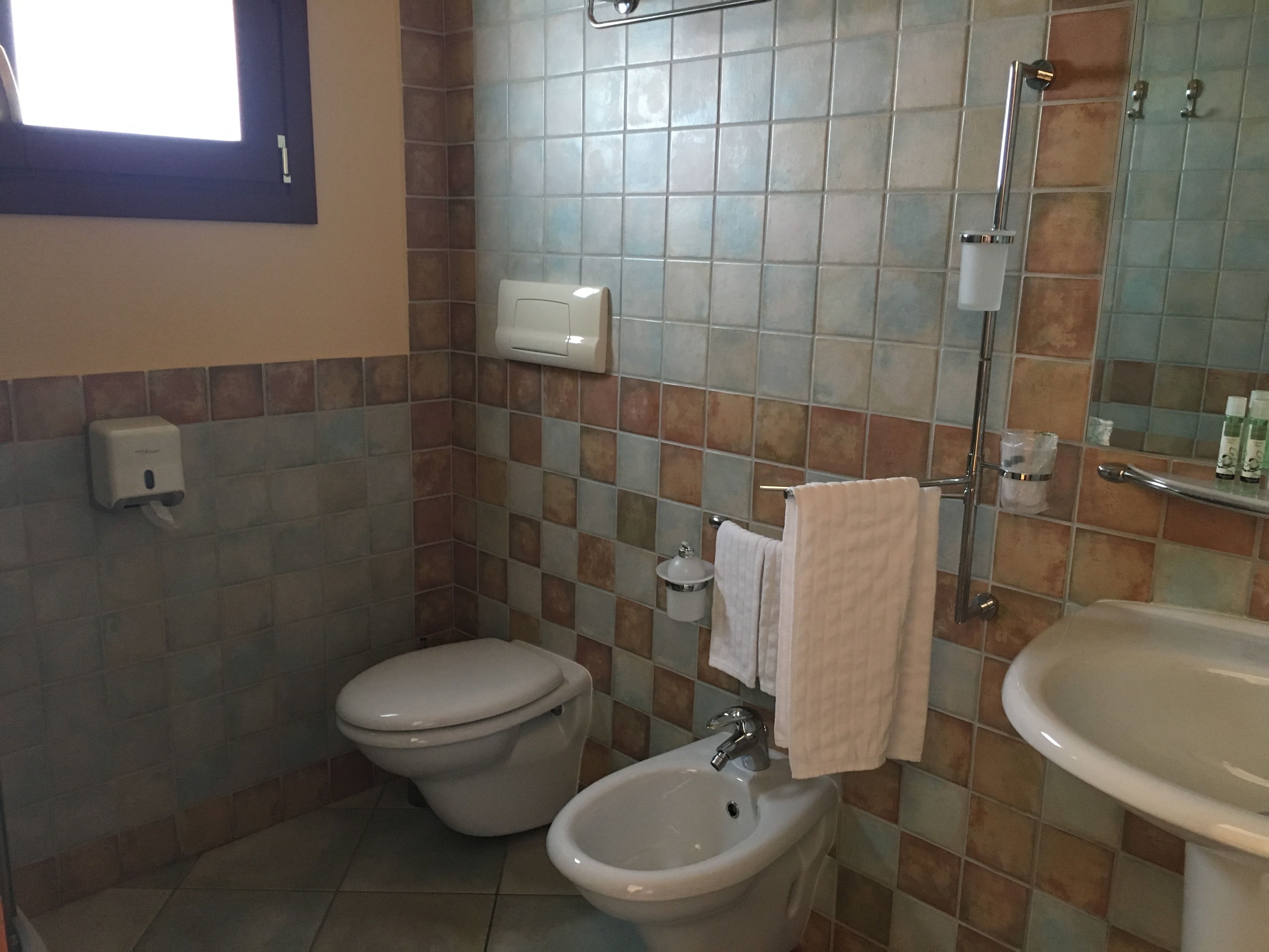 A bathroom with a toilet, bidet, sink, and a mirror.