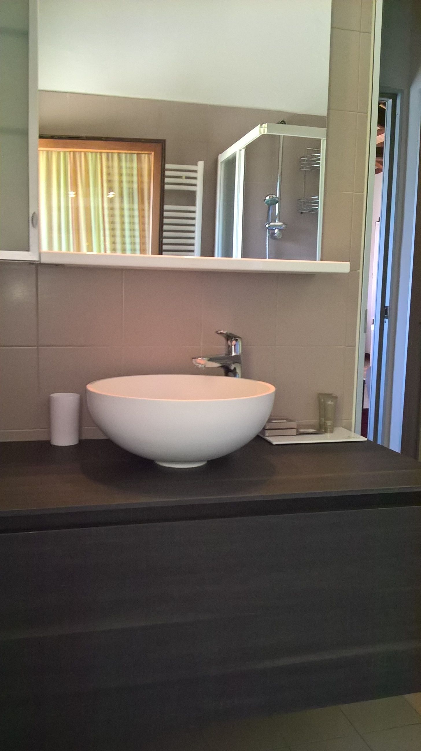 A bathroom with a large white sink, a mirror above it, and a shower visible through the glass door.