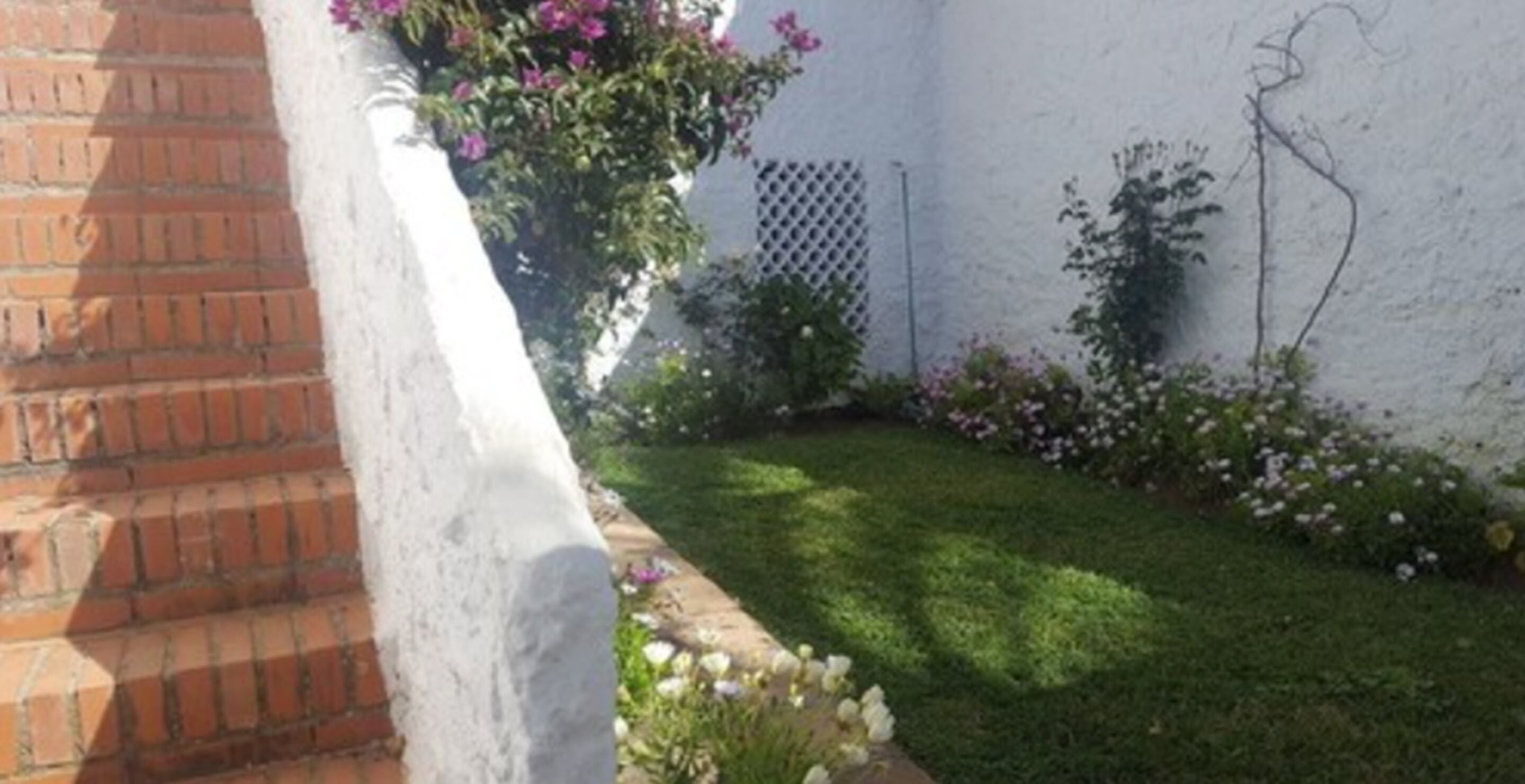 A small garden with a brick wall, a white fence, and various plants and flowers.