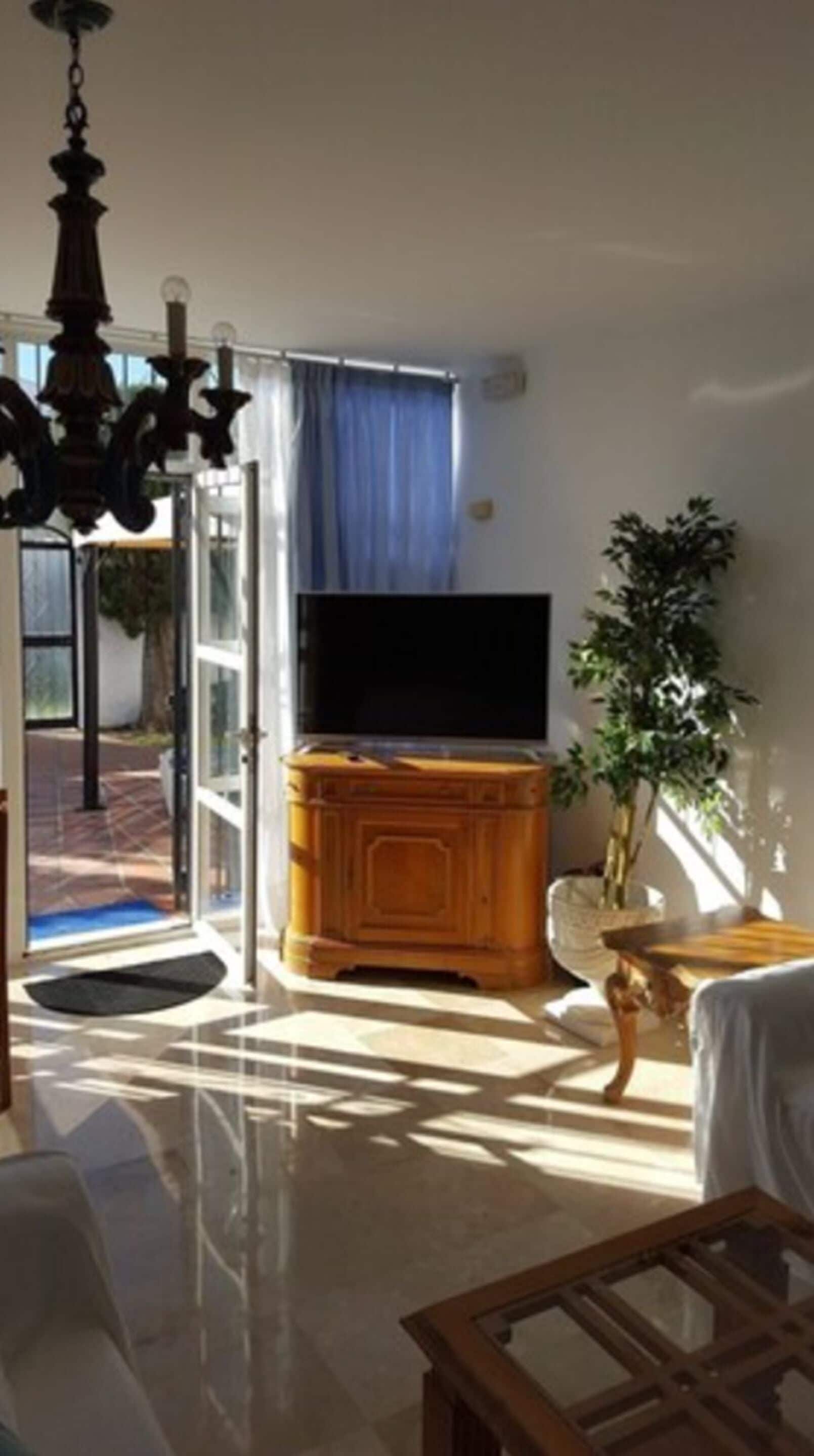 A living room with a television, wooden cabinet, and a potted plant.