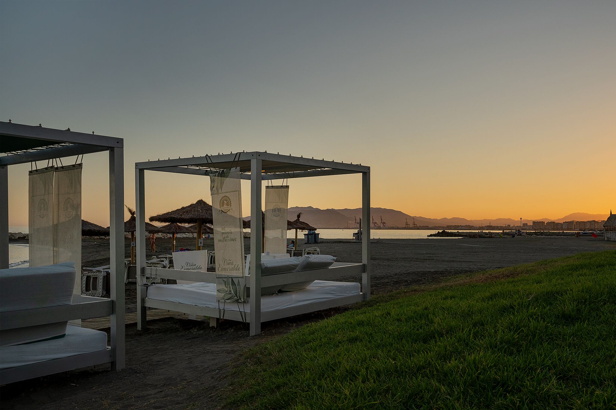on the beach, sun-loungers, beach umbrellas