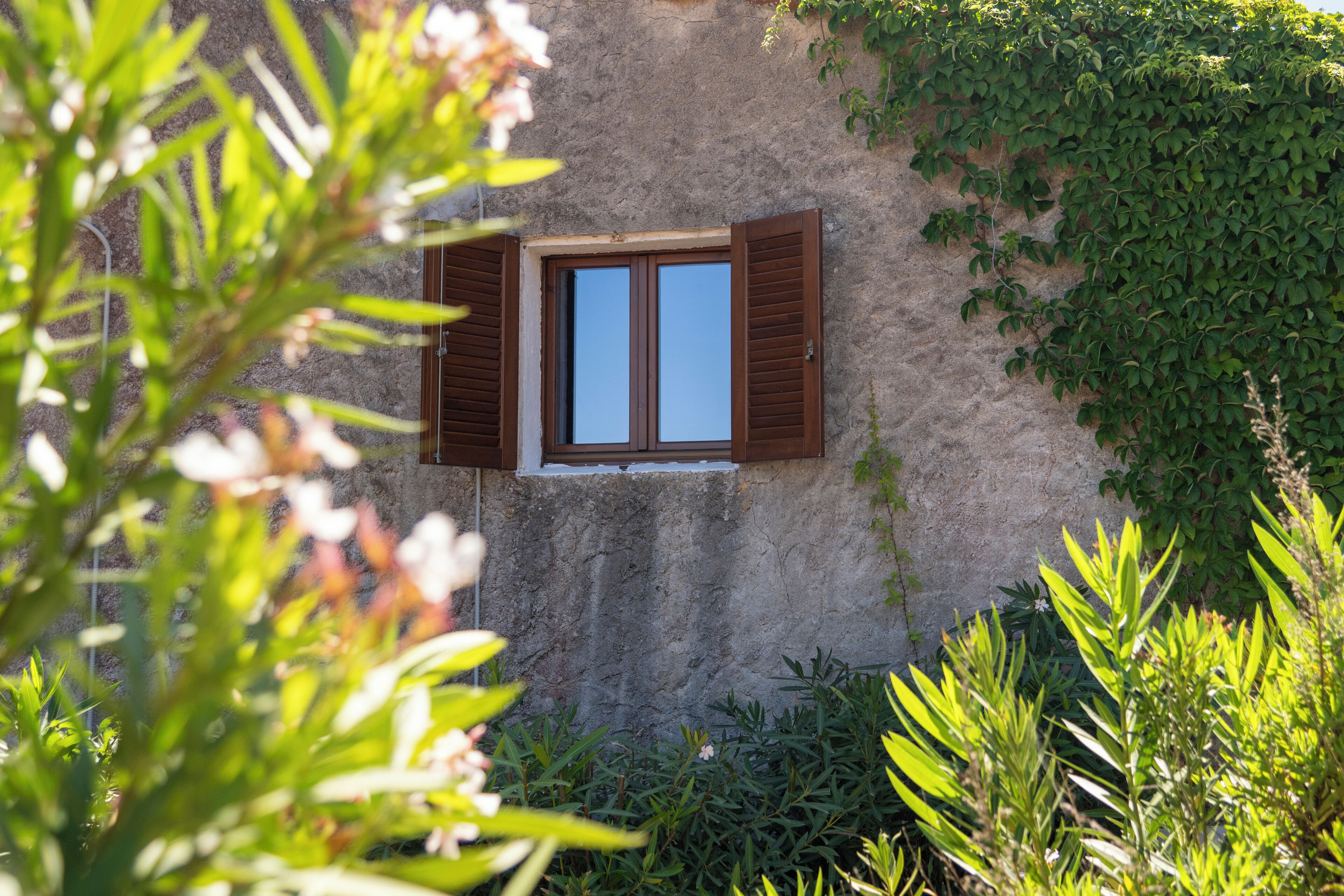 A window with wooden shutters, a stone wall, and surrounding greenery.