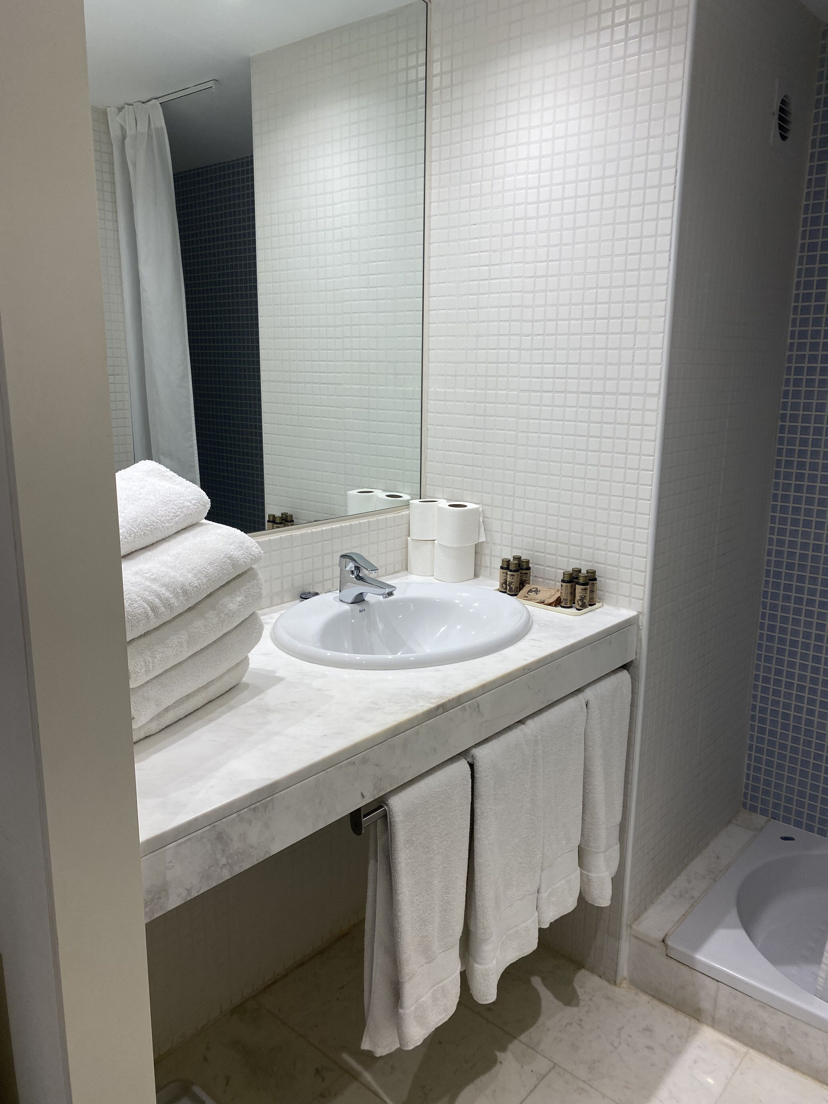A modern bathroom with a white sink, a large mirror, and a shower area.