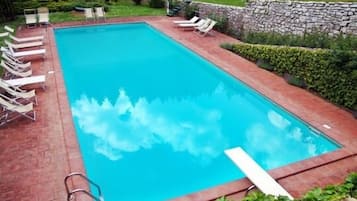 Seasonal outdoor pool, pool umbrellas, pool loungers