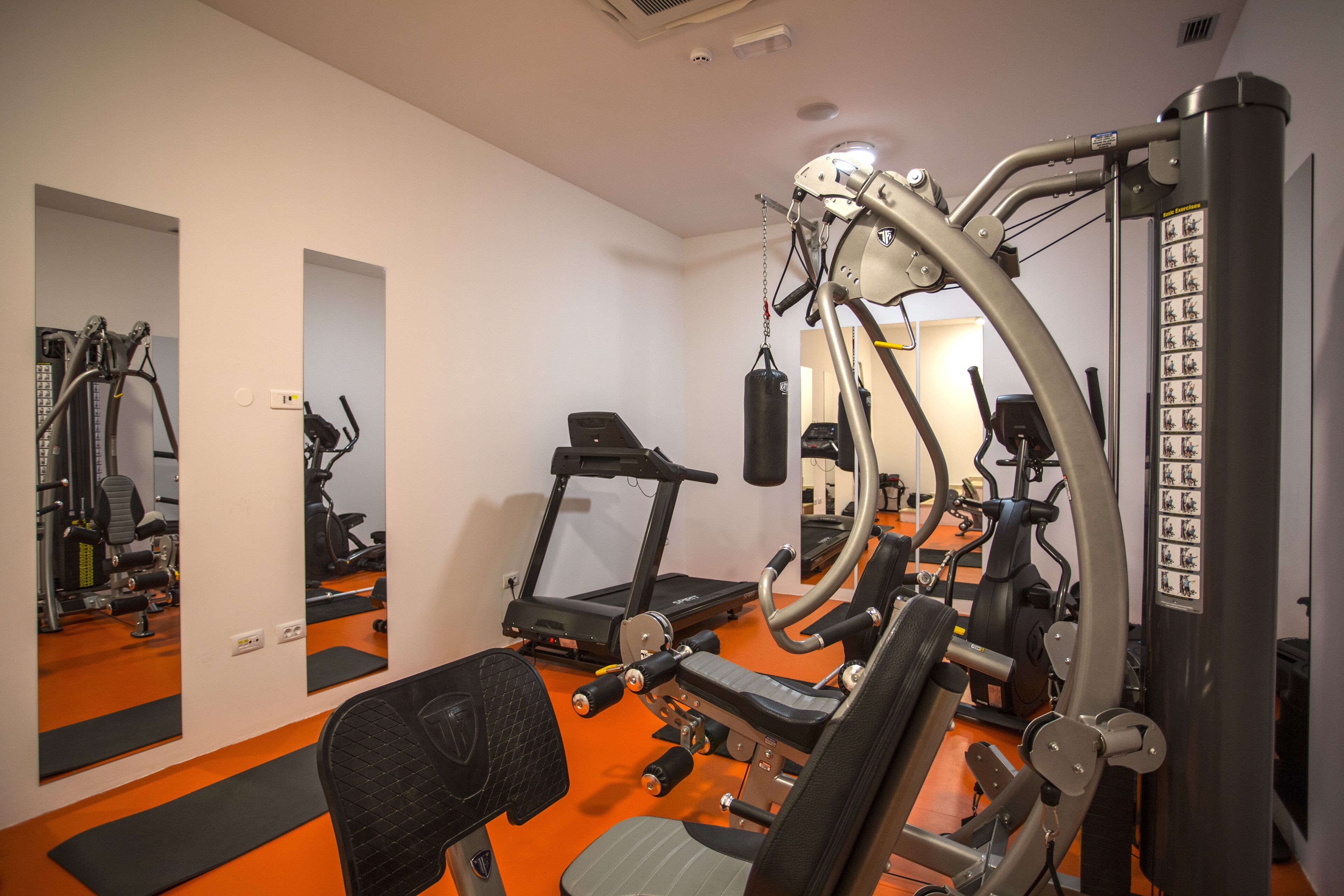 A gym with exercise equipment, a treadmill, and a punching bag.