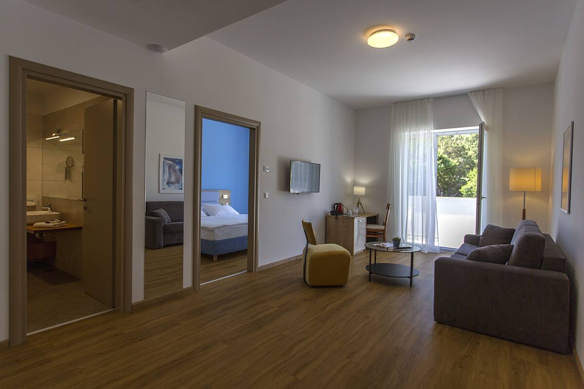 A modern hotel room with a wooden floor, a sofa, a chair, a bed, a TV, and a window with curtains.