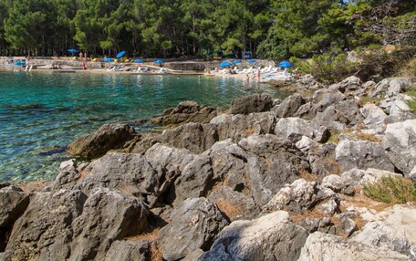 A rocky shoreline with clear turquoise water, a beach with umbrellas, and a forested background.