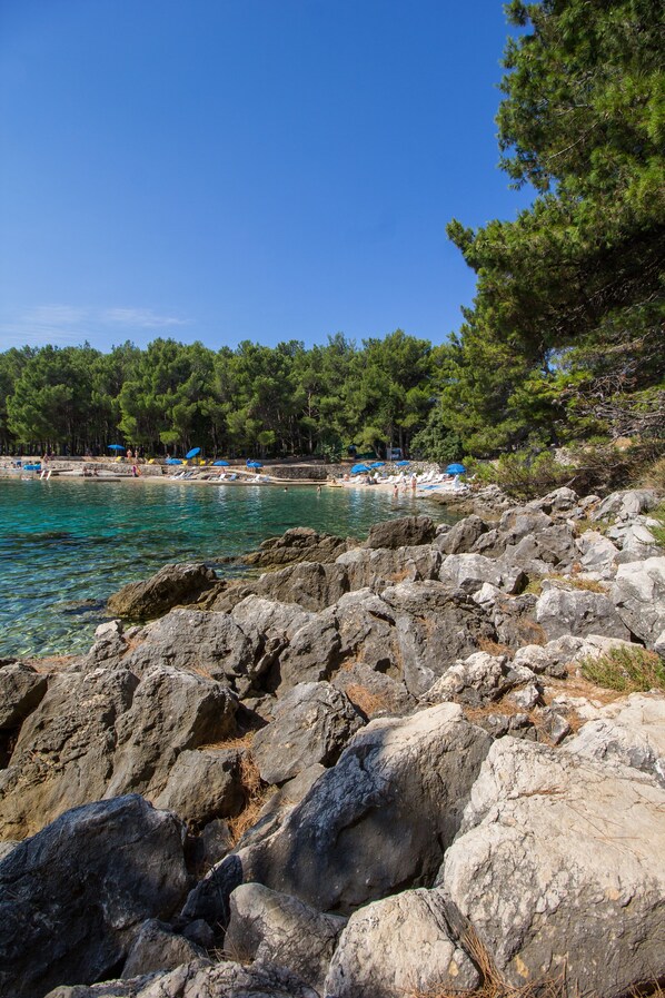 In Strandnähe, Liegestühle, Sonnenschirme, Strandtücher