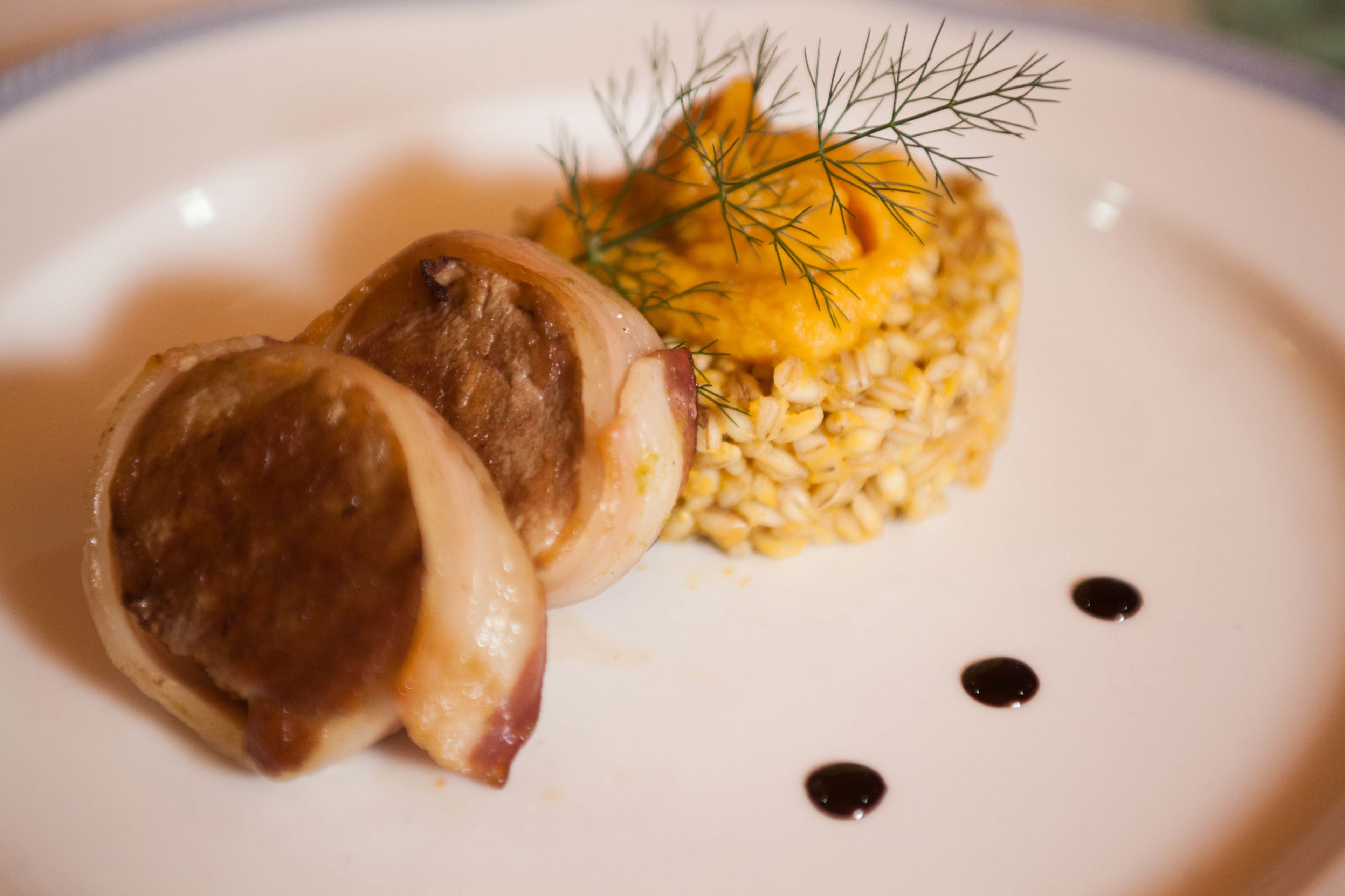 A plate with sliced meat, a grain dish, and a garnish of dill.