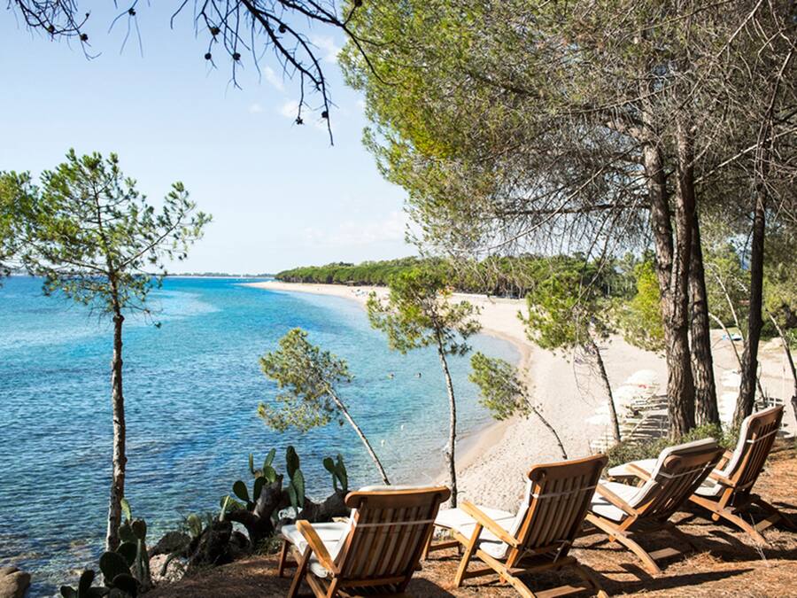Praia particular, areia branca, barracas de praia de cortesia