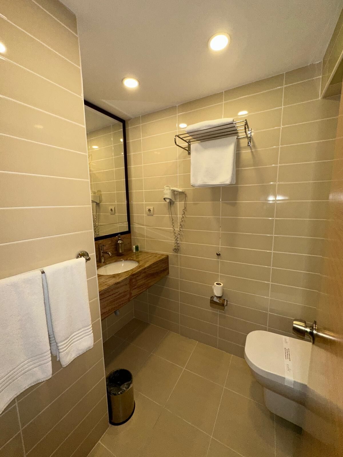 Une salle de bain moderne avec un meuble-lavabo en bois, des toilettes et un lavabo.