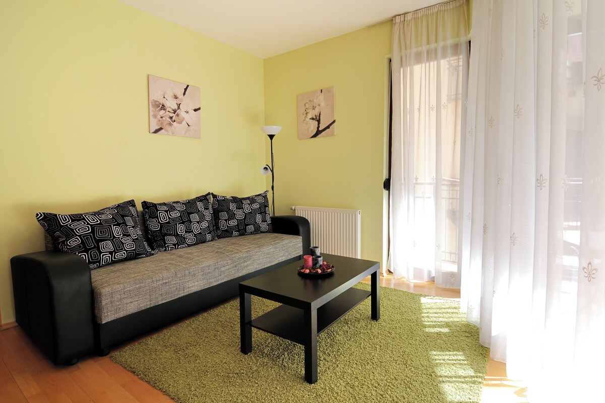 Una sala de estar con un sofá, una mesa de centro y un radiador. Hay dos cuadros en la pared y una ventana con cortinas.