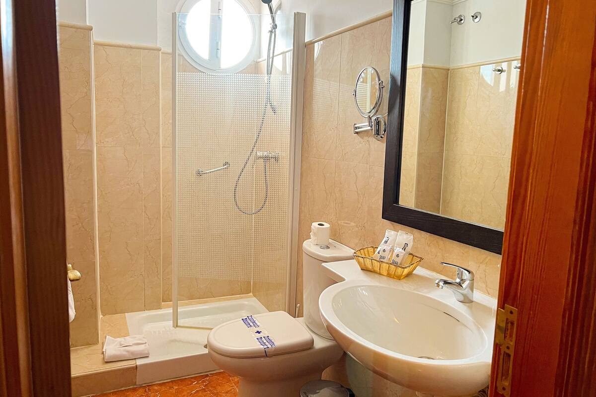 shower, free toiletries, hair dryer, towels