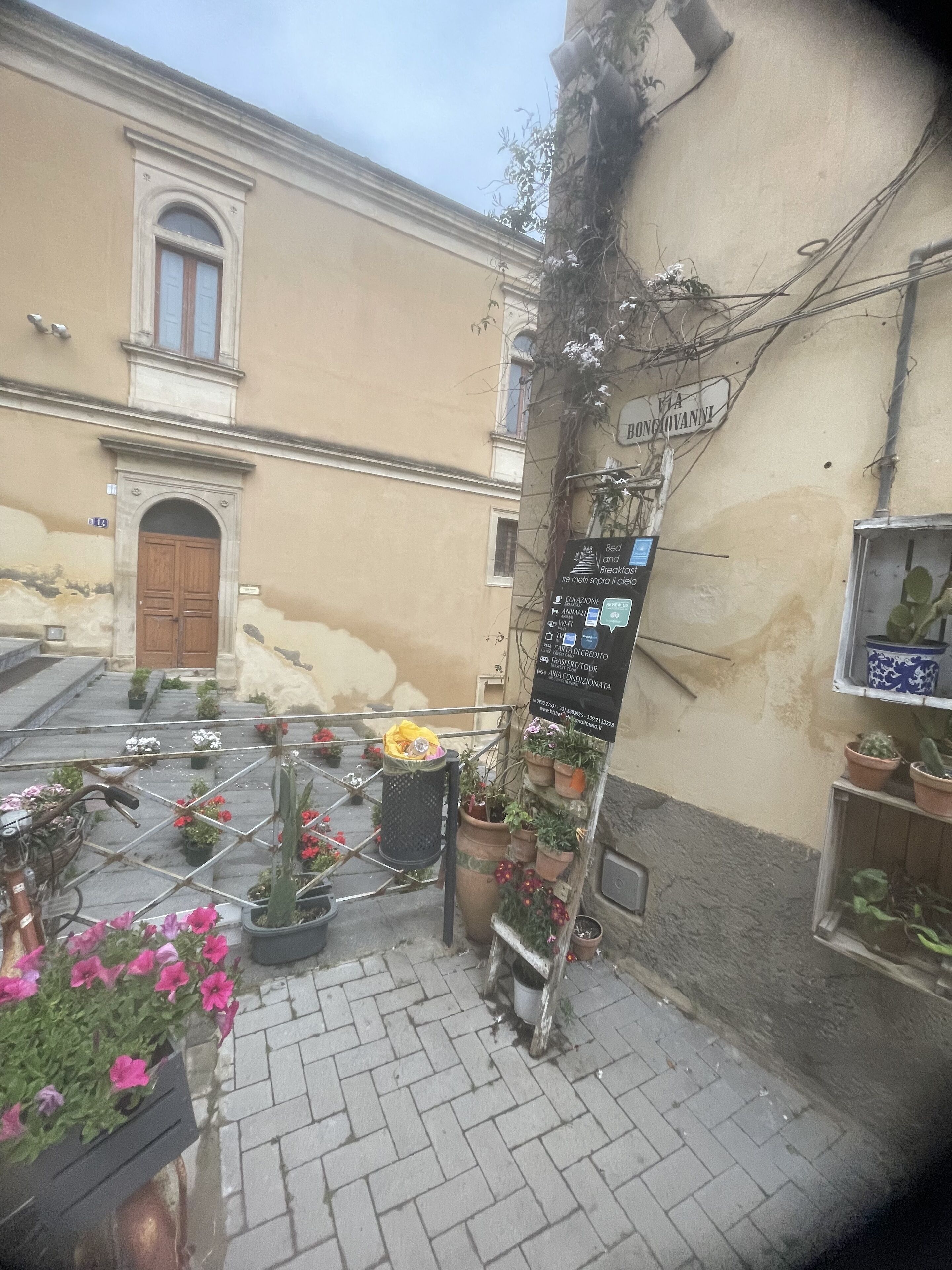A courtyard with potted plants, a wooden door, and a signboard with text.
