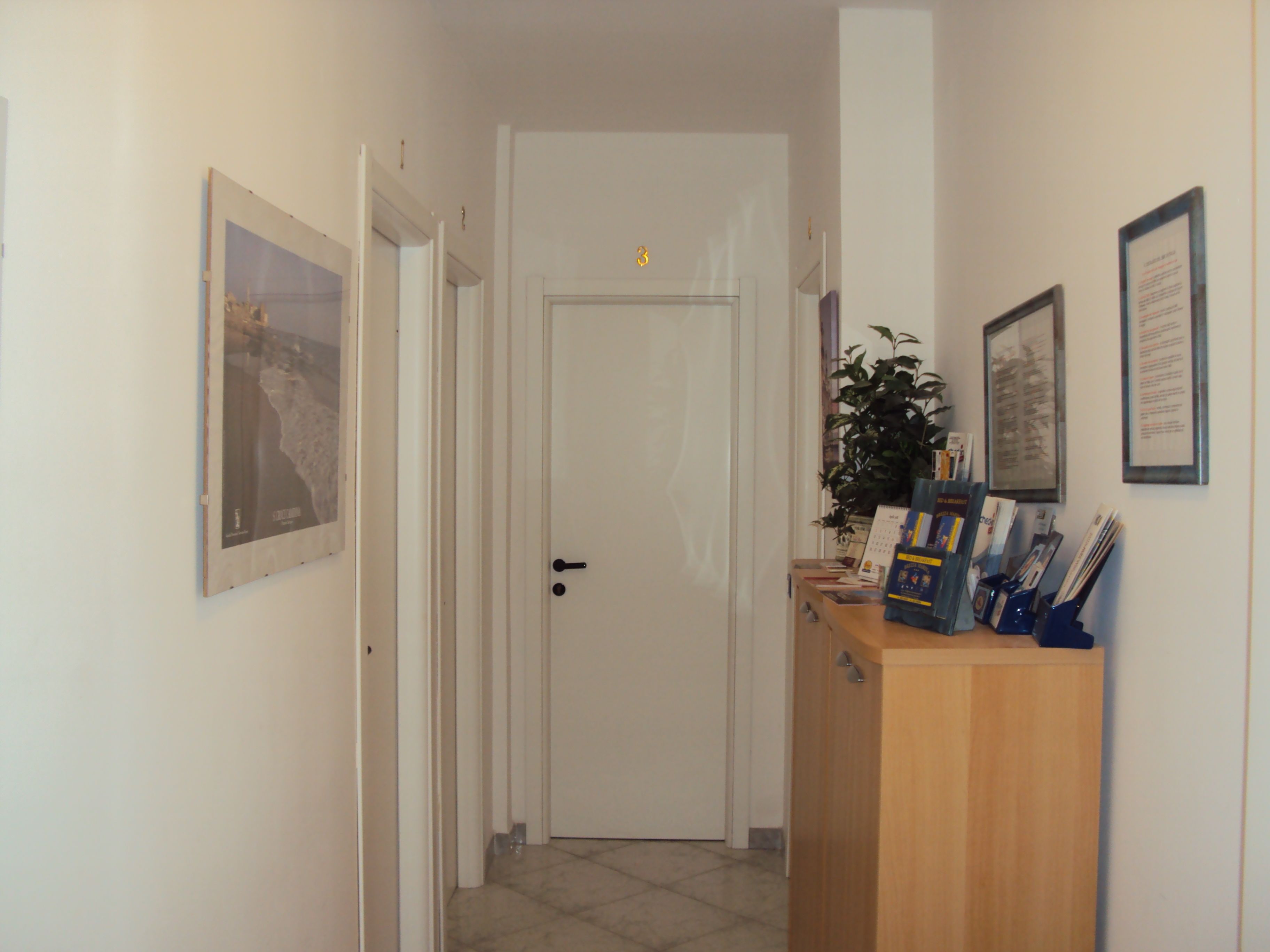 A hallway with a white door, framed pictures on the walls, and a wooden counter with books and a plant.