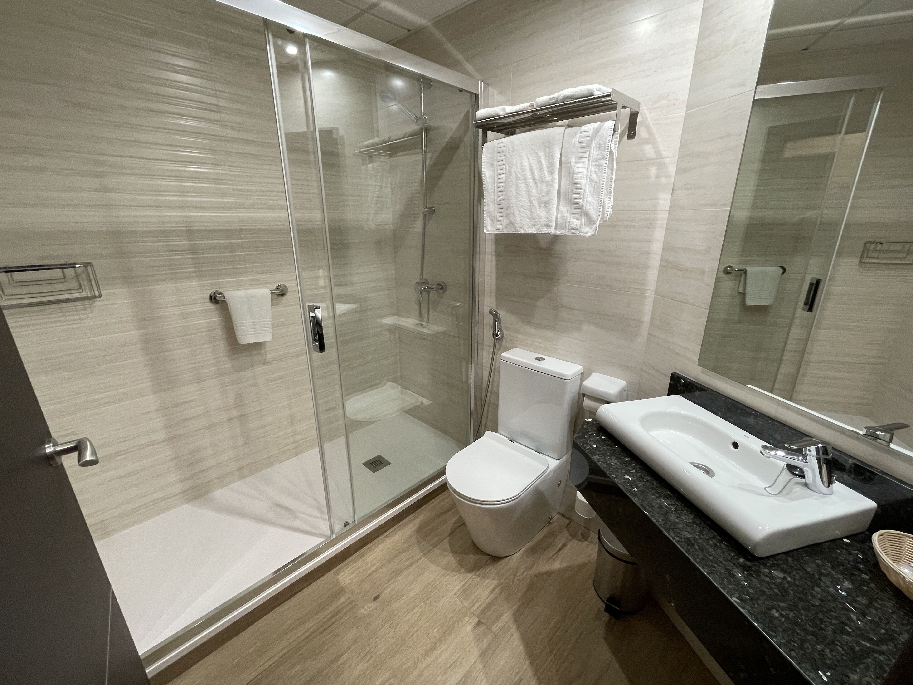 Et moderne badeværelse med en glasafskærmet bruseniche, toilet, vask og et stort spejl.