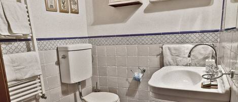 Une salle de bain équipée de toilettes, d’un bidet, d’un lavabo et d’une étagère contenant des articles de toilette.