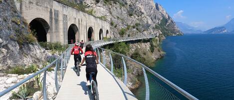 A pathway with cyclists, a bridge, and a rocky cliff overlooking a body of water.