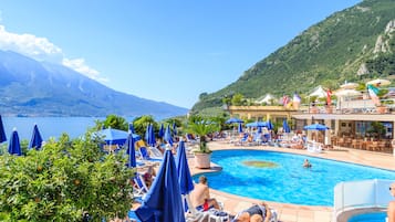 Seasonal outdoor pool, pool umbrellas, pool loungers