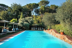 Outdoor pool, pool umbrellas, pool loungers