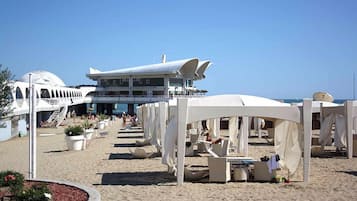 On the beach, sun loungers, beach umbrellas