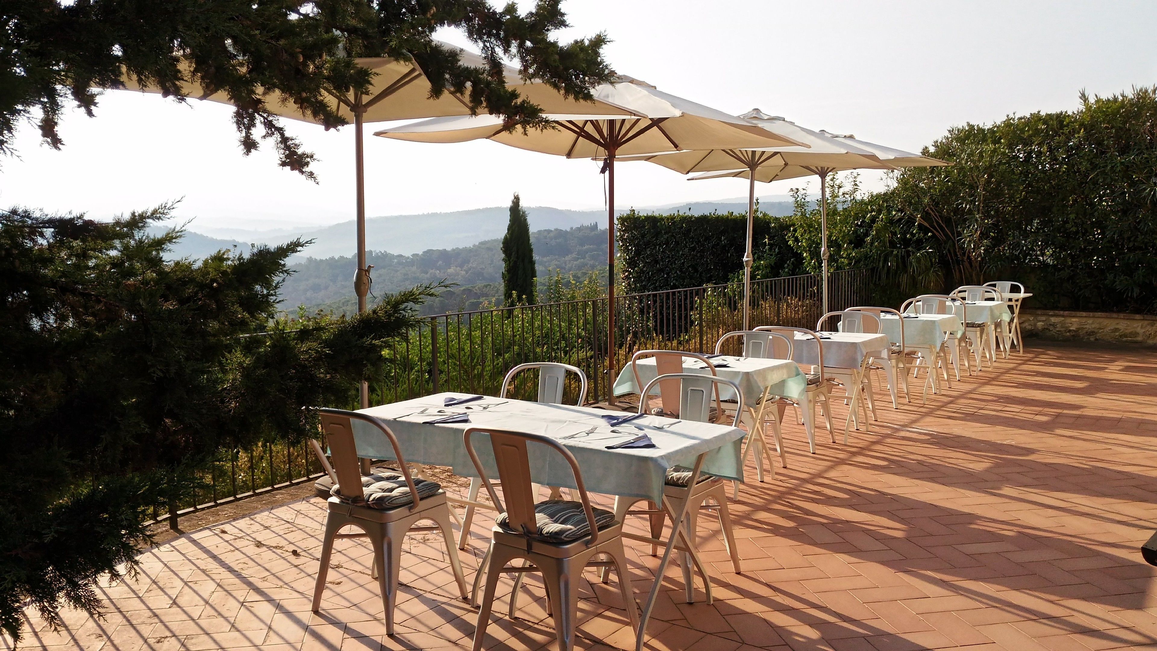 Un espace de restauration en plein air, avec des tables et des chaises, entouré d’arbres et offrant une vue sur des collines lointaines.