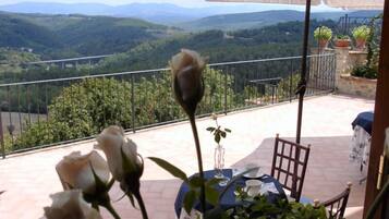 Une terrasse avec une table et des chaises, donnant sur un paysage montagneux.