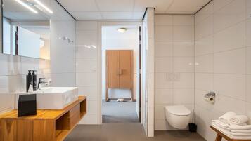 A modern bathroom with a wooden vanity, a large mirror, a white sink, and a toilet.