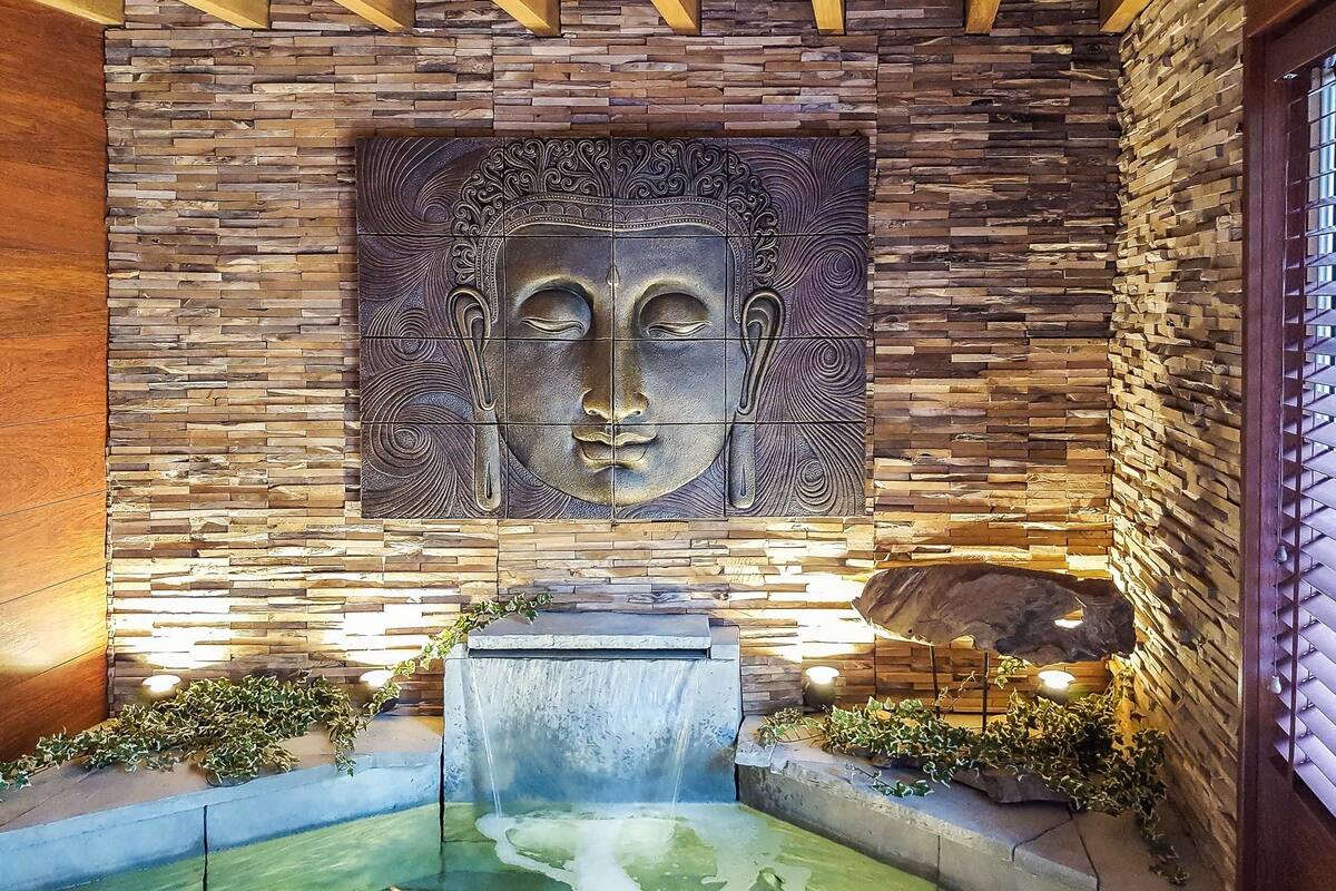 A stone wall with a decorative panel, a water feature, and plants.