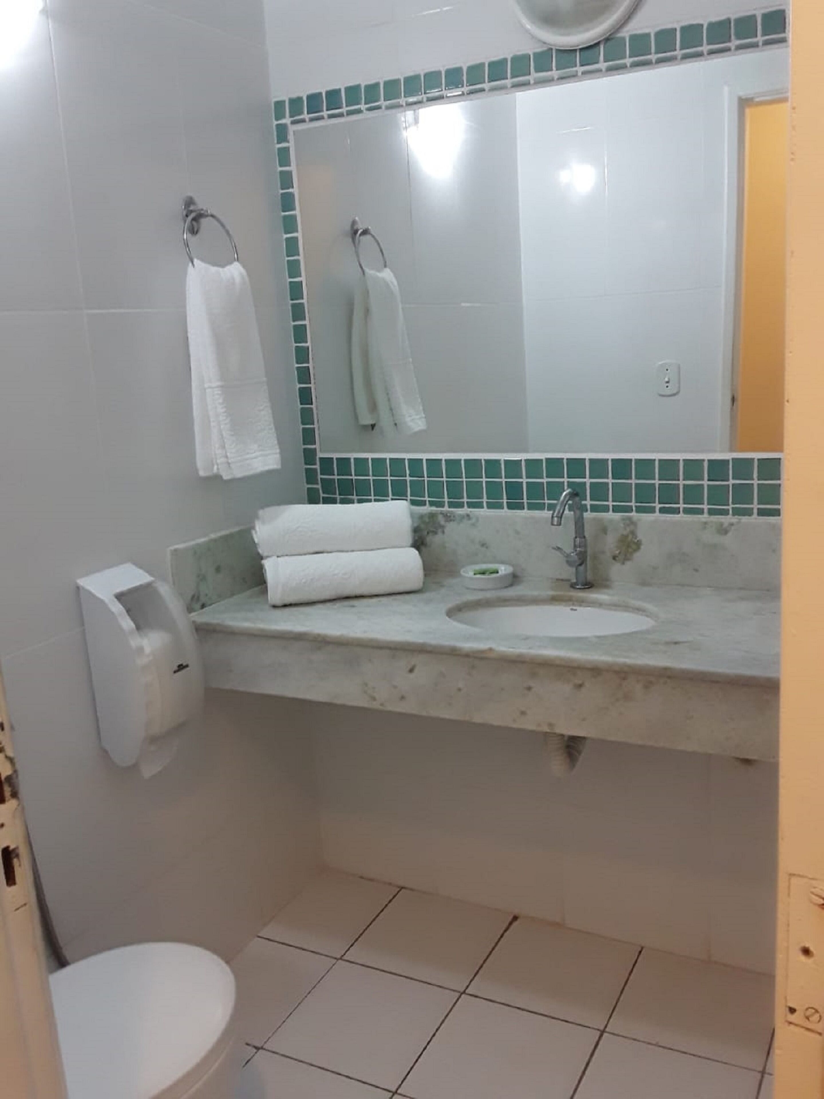 Ein Badezimmer mit Waschbecken, zwei Handtüchern an Handtuchhaltern, Toilette und einem Händetrockner.