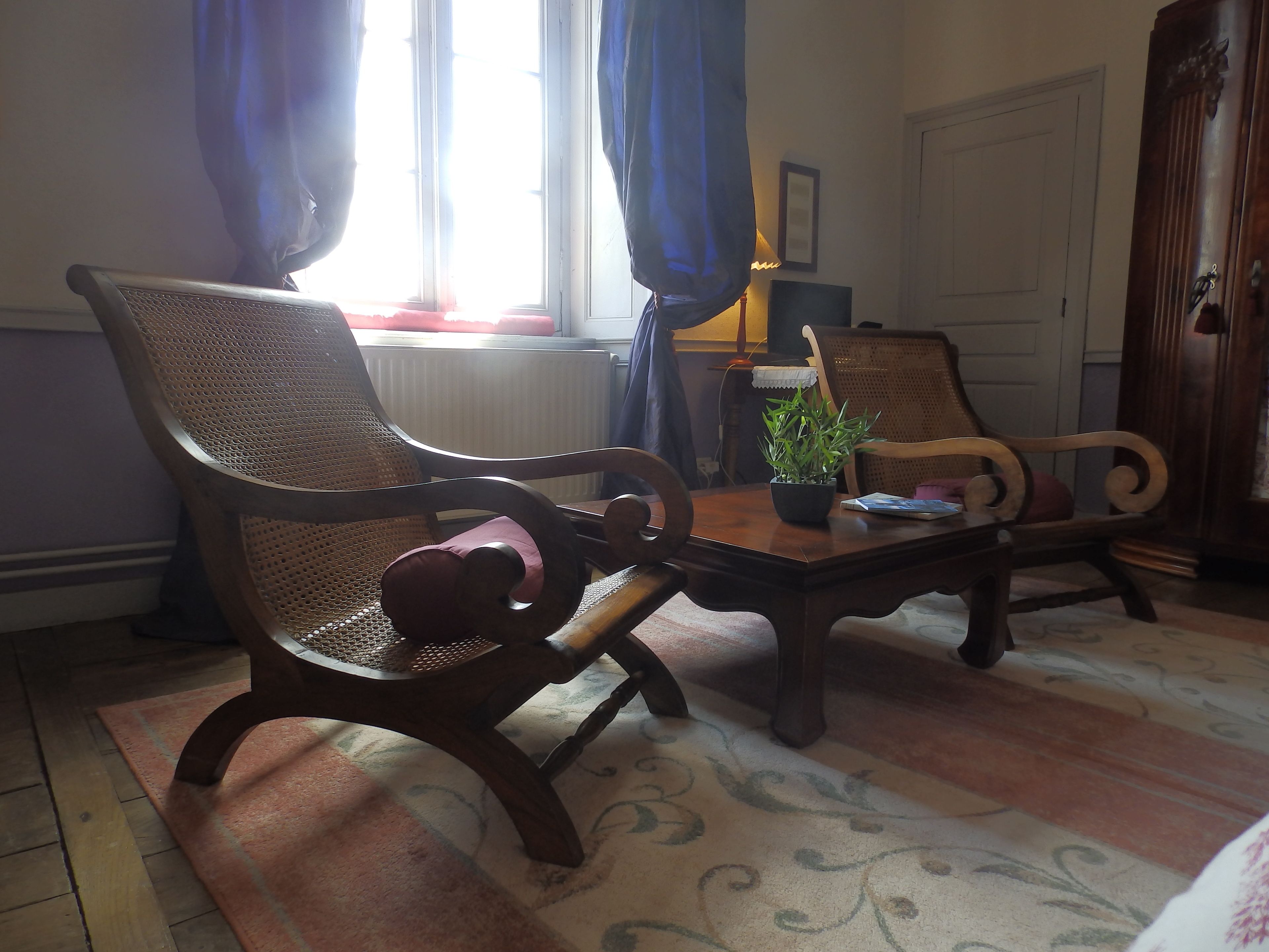 Une pièce avec deux chaises en bois, une petite table sur laquelle est posée une plante en pot et un radiateur.